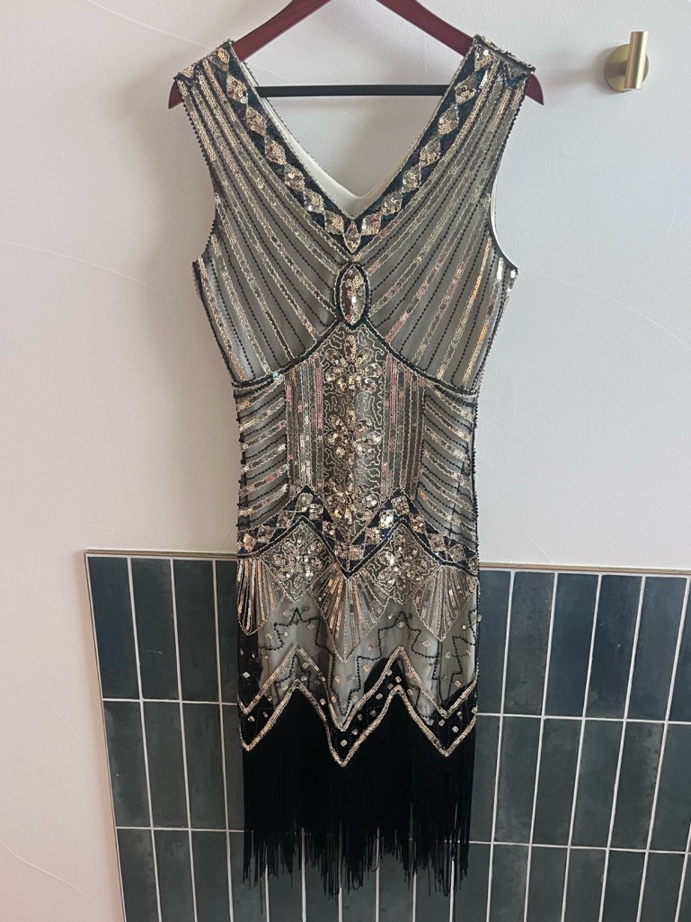 Beaded Vintage-Inspired Black and Silver Fringe Dress 1920’s